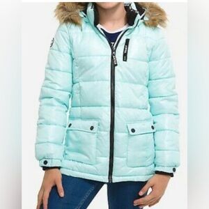 Justice girl' puffer at with attached faux fur hood Bomber Jacket .